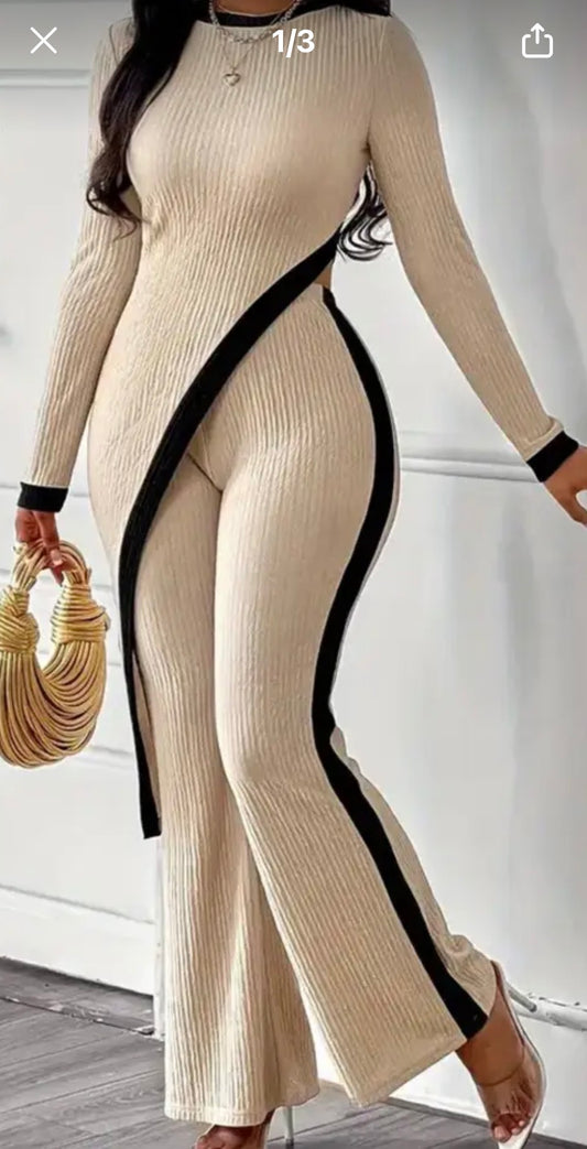Beige/black ribbed pants set